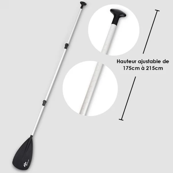Pagaie de Paddle Télescopique pour Paddle Debout Longueur Réglable 175-215cm Alliage d’Aluminium, 220x21,5x4cm, Noir