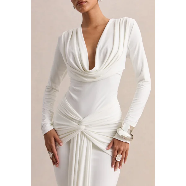 Palerma | Robe longue blanche à décolleté drapé avec détails froncés