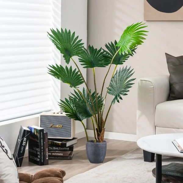 Palmier Artificiel 120cm Plante Artificielle avec 8 Feuilles Pot en Ciment Troncs en PE pour Bureau Maison Magasin