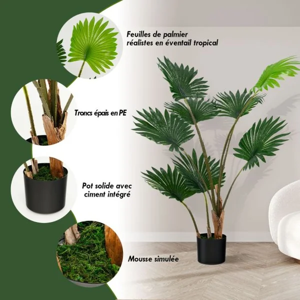 Palmier Artificiel 120cm Plante Artificielle avec 8 Feuilles Pot en Ciment Troncs en PE pour Bureau Maison Magasin