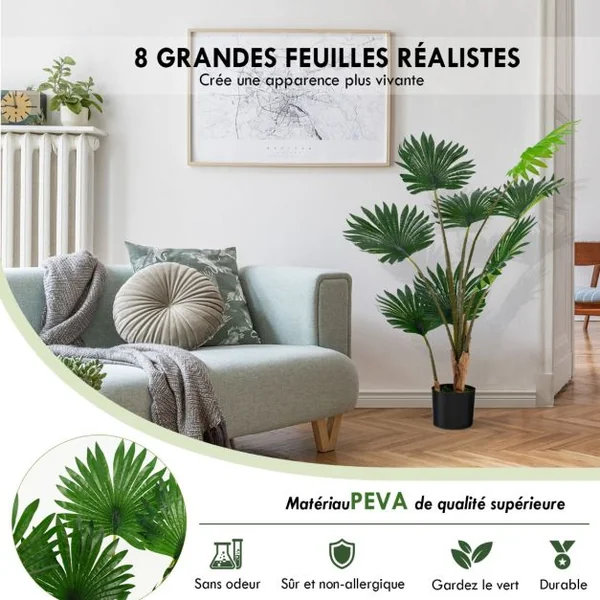 Palmier Artificiel 120cm Plante Artificielle avec 8 Feuilles Pot en Ciment Troncs en PE pour Bureau Maison Magasin