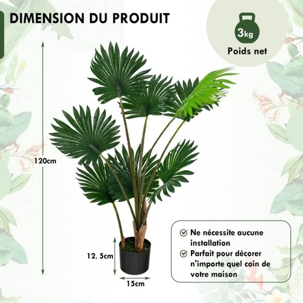 Palmier Artificiel 120cm Plante Artificielle avec 8 Feuilles Pot en Ciment Troncs en PE pour Bureau Maison Magasin