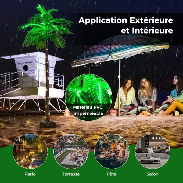 Palmier Artificiel Éclairé par LED de 180 cm Palmier Tropical de Style Hawaïen avec 309 Lumières LED pour Intérieur et Extérieur Plage Fête Vacances
