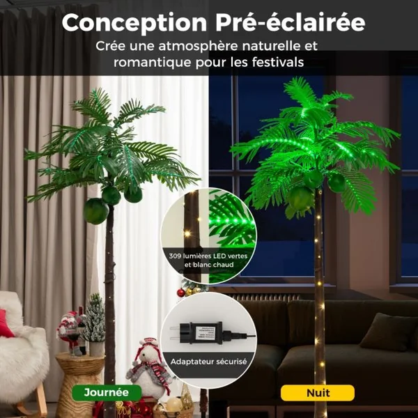 Palmier Artificiel Éclairé par LED de 180 cm Palmier Tropical de Style Hawaïen avec 309 Lumières LED pour Intérieur et Extérieur Plage Fête Vacances