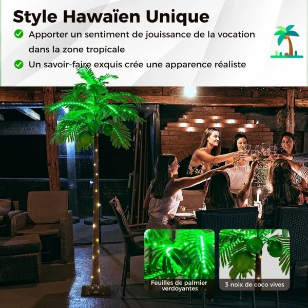 Palmier Artificiel Éclairé par LED de 180 cm Palmier Tropical de Style Hawaïen avec 309 Lumières LED pour Intérieur et Extérieur Plage Fête Vacances