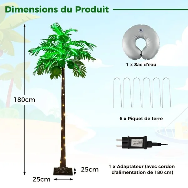 Palmier Artificiel Éclairé par LED de 180 cm Palmier Tropical de Style Hawaïen avec 309 Lumières LED pour Intérieur et Extérieur Plage Fête Vacances