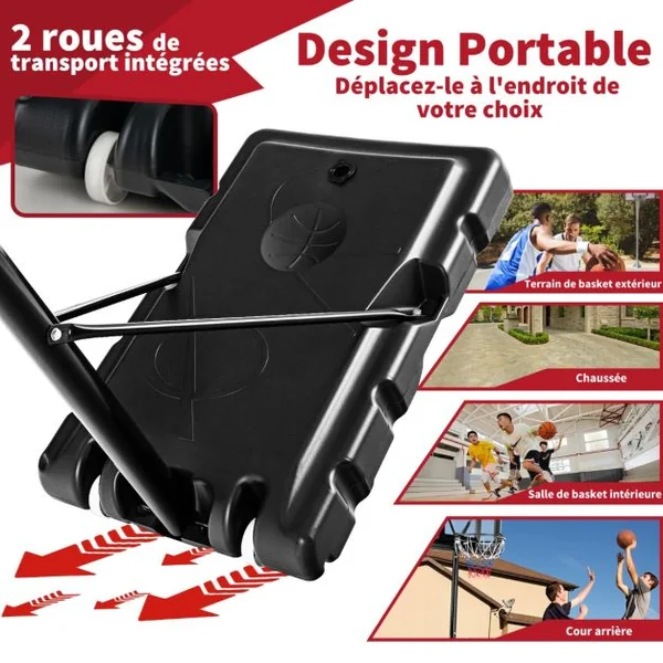Panier de Basket Extérieur avec Hauteur Réglable 130-305 cm Support de Basket sur Pied avec Panneau en HDPE et Filet Base Remplissable & 2 Roues