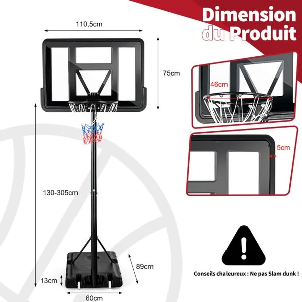 Panier de Basket Extérieur avec Hauteur Réglable 130-305 cm Support de Basket sur Pied avec Panneau en HDPE et Filet Base Remplissable & 2 Roues