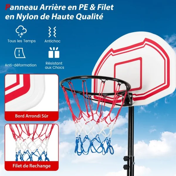 Panier de Basket Extérieur avec Hauteur Réglable 160-210 cm Support de Basket sur Pied avec Panneau en PE & Filet en Nylon Base Remplissable & 2 Roues
