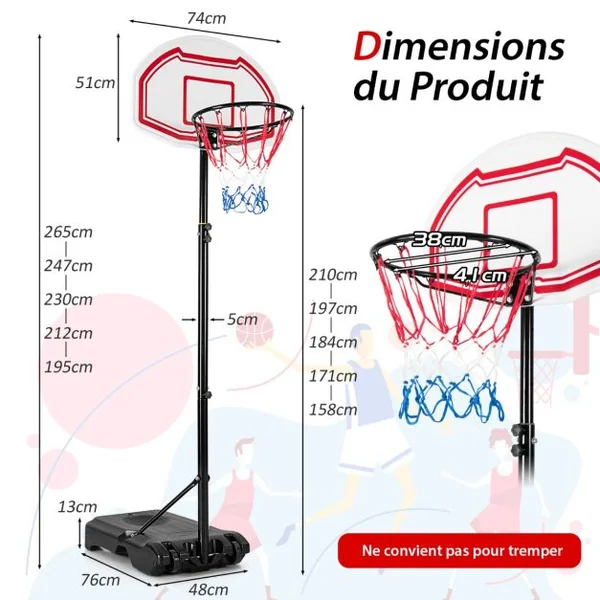 Panier de Basket Extérieur avec Hauteur Réglable 160-210 cm Support de Basket sur Pied avec Panneau en PE & Filet en Nylon Base Remplissable & 2 Roues