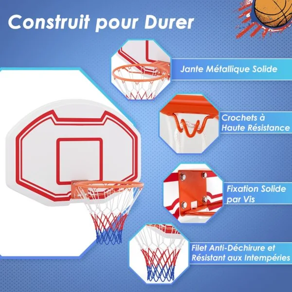Panier de Basket Mural 45 cm avec Panneau Incassable Panier Basket-Ball avec Filet Anti-Déchirure 91 x 61 cm Blanc+Rouge