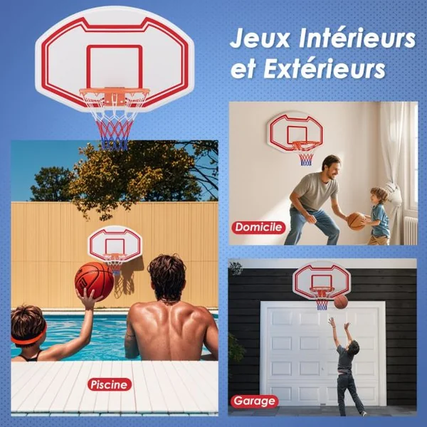 Panier de Basket Mural 45 cm avec Panneau Incassable Panier Basket-Ball avec Filet Anti-Déchirure 91 x 61 cm Blanc+Rouge