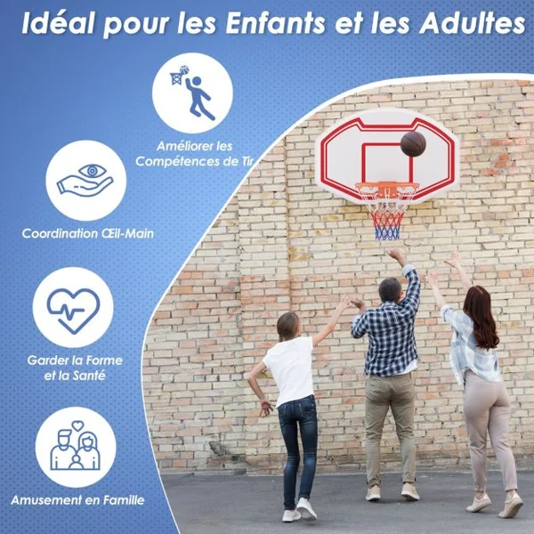Panier de Basket Mural 45 cm avec Panneau Incassable Panier Basket-Ball avec Filet Anti-Déchirure 91 x 61 cm Blanc+Rouge