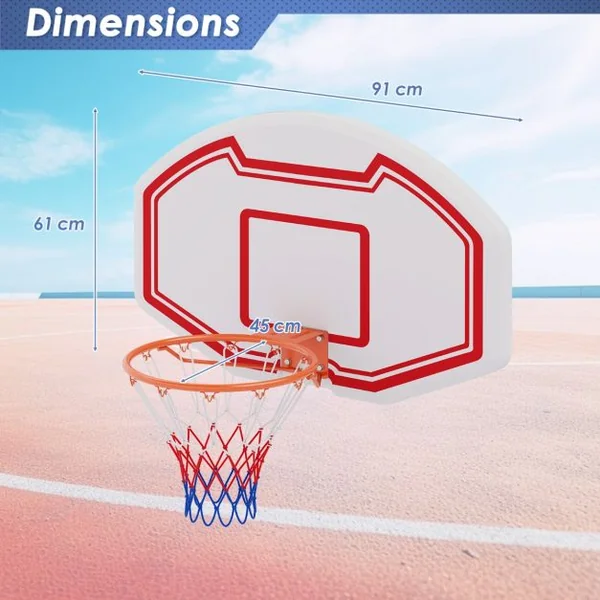 Panier de Basket Mural 45 cm avec Panneau Incassable Panier Basket-Ball avec Filet Anti-Déchirure 91 x 61 cm Blanc+Rouge