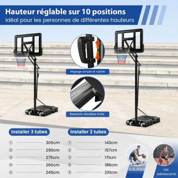 Panier de Basket portable sur Pied avec Roulettes Réglable 245-305 cm Anneau Arrière 111 cm Base Remplissable Sac Sécurisé