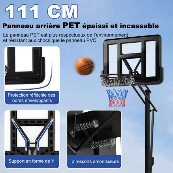 Panier de Basket portable sur Pied avec Roulettes Réglable 245-305 cm Anneau Arrière 111 cm Base Remplissable Sac Sécurisé