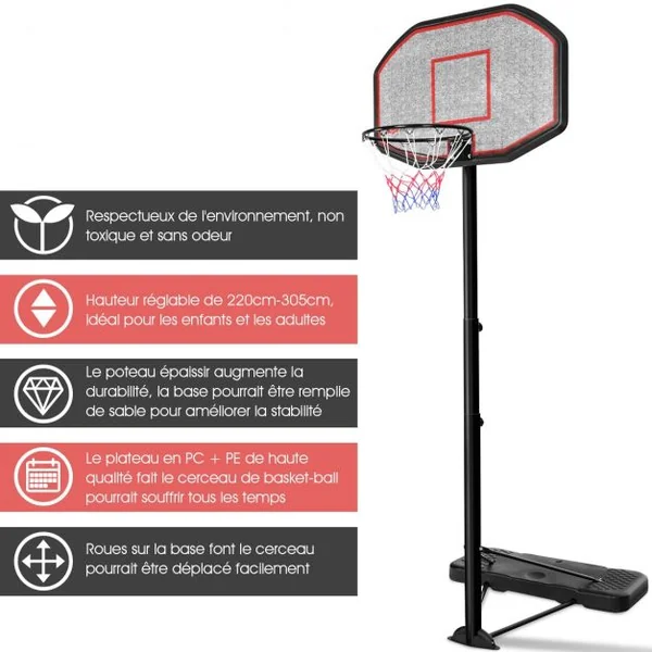 Panier de Basket sur Pied Réglable avec 2 Roues Hauteur Réglable 220-305cm Base Remplissable pour Enfants Ados Adultes