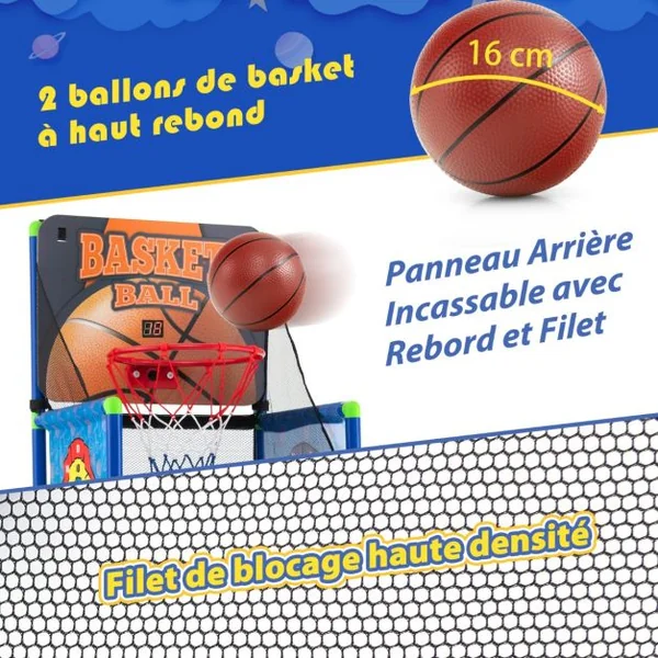 Panier de Basketball 2 en 1 avec 2 Cibles en Tissu à Balles Adhésive Jeu d'Arcade Système de Pointage et Effet Sonore 2 Ballons de Basket pour 3 ans+