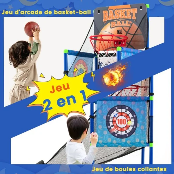 Panier de Basketball 2 en 1 avec 2 Cibles en Tissu à Balles Adhésive Jeu d'Arcade Système de Pointage et Effet Sonore 2 Ballons de Basket pour 3 ans+