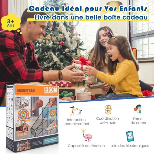 Panier de Basketball 2 en 1 avec 2 Cibles en Tissu à Balles Adhésive Jeu d'Arcade Système de Pointage et Effet Sonore 2 Ballons de Basket pour 3 ans+