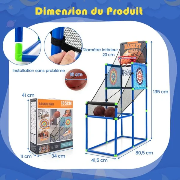 Panier de Basketball 2 en 1 avec 2 Cibles en Tissu à Balles Adhésive Jeu d'Arcade Système de Pointage et Effet Sonore 2 Ballons de Basket pour 3 ans+