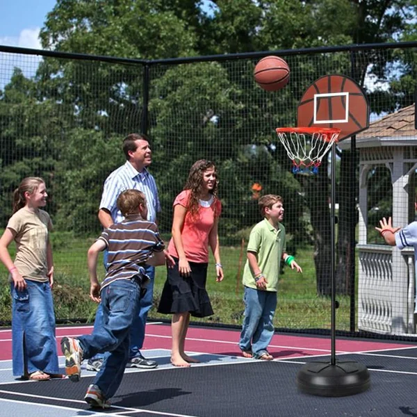 Panier de Basket-Ball Hauteur Réglable 130-180cm avec Cible de Fléchettes Panneau Arrière Double Face 6 Fléchettes Base Remplissable