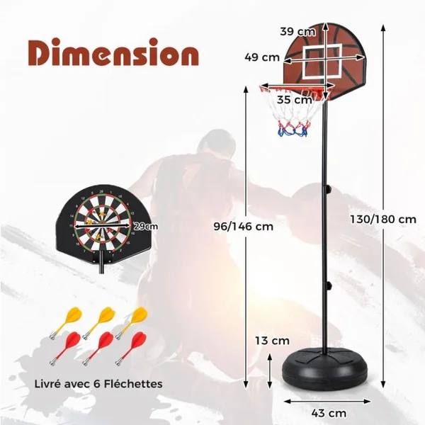Panier de Basket-Ball Hauteur Réglable 130-180cm avec Cible de Fléchettes Panneau Arrière Double Face 6 Fléchettes Base Remplissable