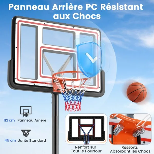 Panier de Basket-Ball Hauteur Réglable 225-305cm Support de Basketball Mobile avec Panneau Incassable de 112cm