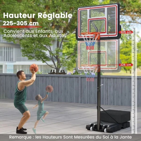 Panier de Basket-Ball Hauteur Réglable 225-305cm Support de Basketball Mobile avec Panneau Incassable de 112cm