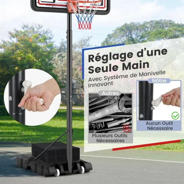 Panier de Basket-Ball Hauteur Réglable 225-305cm Support de Basketball Mobile avec Panneau Incassable de 112cm