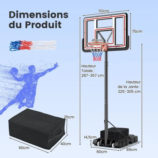 Panier de Basket-Ball Hauteur Réglable 225-305cm Support de Basketball Mobile avec Panneau Incassable de 112cm