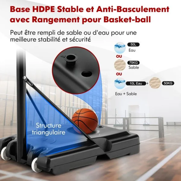Panier de Basket-Ball sur pied Réglable en Hauteur 130-305 cm 12 Niveaux avec Roulettes Mobile 2 Filets Base de Lestage