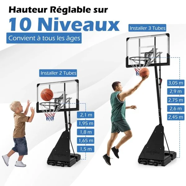 Panier de Basketball sur Pieds avec Hauteur Réglable 150-305 CM Support de Basket à Roulettes avec Panneau Arrière Incassable de 112cm en PC