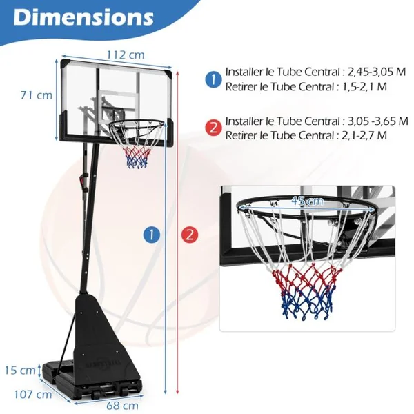 Panier de Basketball sur Pieds avec Hauteur Réglable 150-305 CM Support de Basket à Roulettes avec Panneau Arrière Incassable de 112cm en PC