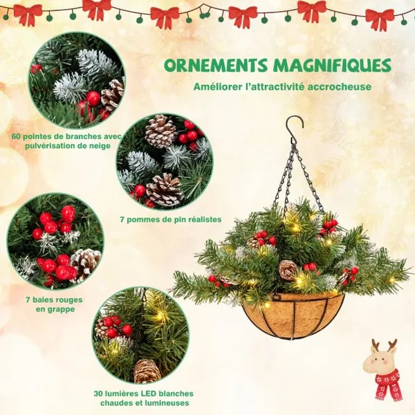 Panier Suspendu de Noël Artificiel Pré-Illuminé avec 60 Branches Enneigées 7 Pommes de Pin 7 Baies Rouges 30 Lumières LED