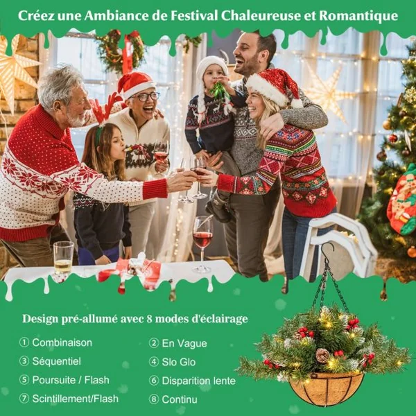 Panier Suspendu de Noël Artificiel Pré-Illuminé avec 60 Branches Enneigées 7 Pommes de Pin 7 Baies Rouges 30 Lumières LED