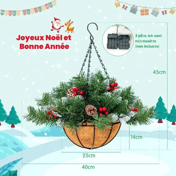 Panier Suspendu de Noël Artificiel Pré-Illuminé avec 60 Branches Enneigées 7 Pommes de Pin 7 Baies Rouges 30 Lumières LED
