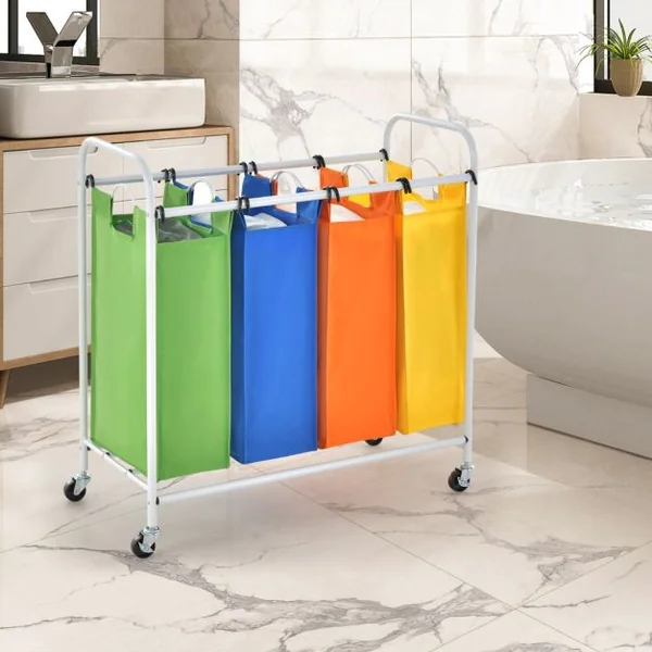 Panier à Linge 136L à Roulettes 4 Compartiments en Polyester avec Poignée Amovibles et Lavables 82 x 39 x 85 CM