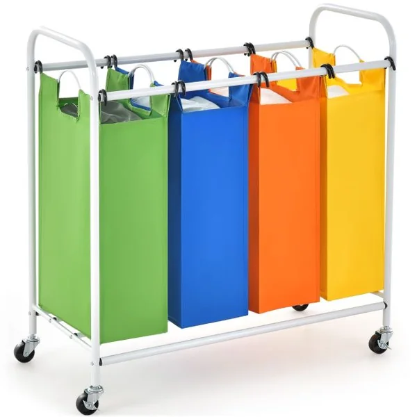 Panier à Linge 136L à Roulettes 4 Compartiments en Polyester avec Poignée Amovibles et Lavables 82 x 39 x 85 CM