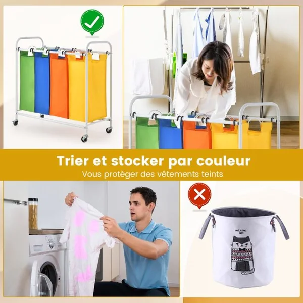 Panier à Linge 136L à Roulettes 4 Compartiments en Polyester avec Poignée Amovibles et Lavables 82 x 39 x 85 CM