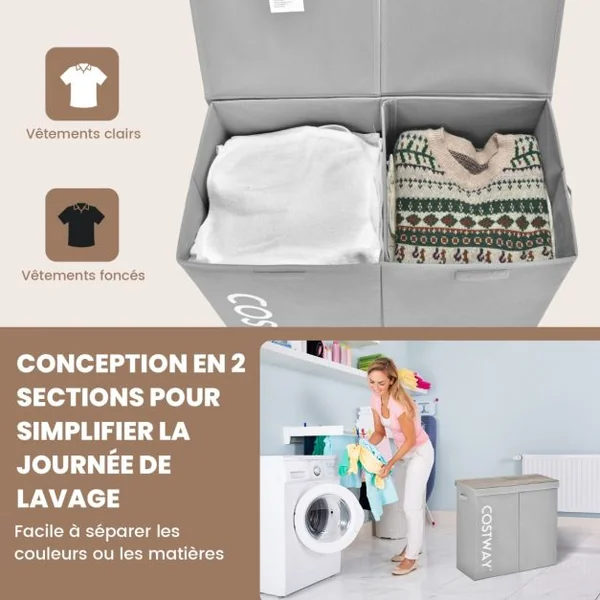 Panier à Linge 2 Compartiments 105 L 2 Couvercles Séparés et 2 Poignées 62 x 31 x 60 cm (L x l x H) Gris