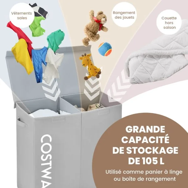 Panier à Linge 2 Compartiments 105 L 2 Couvercles Séparés et 2 Poignées 62 x 31 x 60 cm (L x l x H) Gris