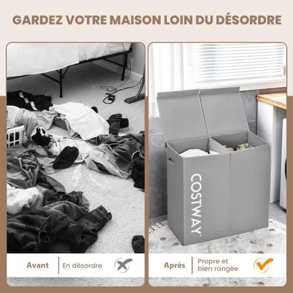 Panier à Linge 2 Compartiments 105 L 2 Couvercles Séparés et 2 Poignées 62 x 31 x 60 cm (L x l x H) Gris