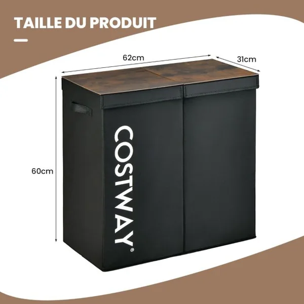 Panier à Linge 2 Compartiments 105 L 2 Couvercles Séparés et 2 Poignées 62 x 31 x 60 cm (L x l x H) Noir