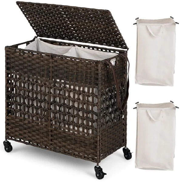 Panier à Linge 2 Compartiments, Corbeille à Linge Pliable 110L en Rotin PE avec Couvercle et 2 Sacs en Coton Amovibles pour Buanderie, Salle de Bain