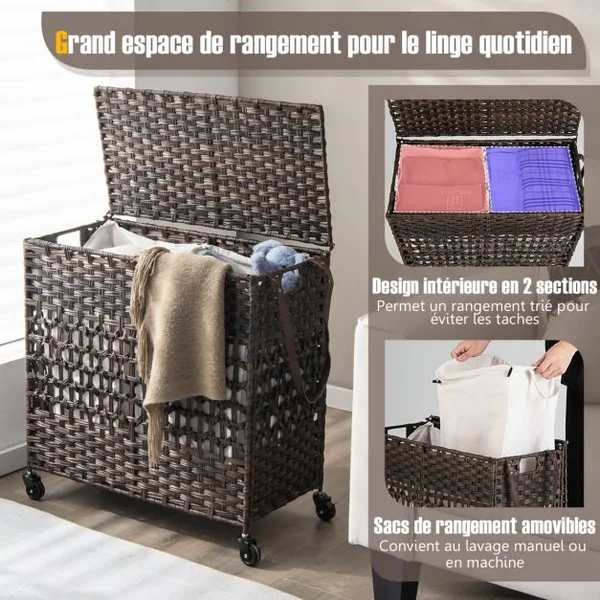 Panier à Linge 2 Compartiments, Corbeille à Linge Pliable 110L en Rotin PE avec Couvercle et 2 Sacs en Coton Amovibles pour Buanderie, Salle de Bain