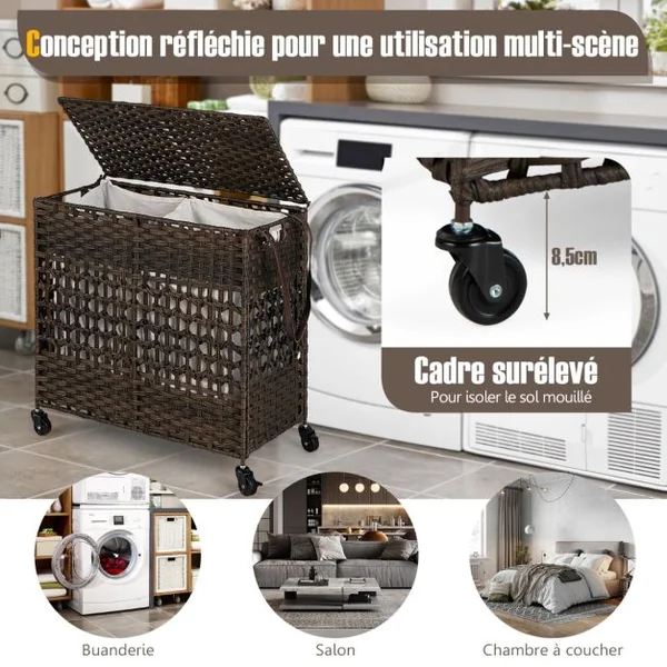Panier à Linge 2 Compartiments, Corbeille à Linge Pliable 110L en Rotin PE avec Couvercle et 2 Sacs en Coton Amovibles pour Buanderie, Salle de Bain