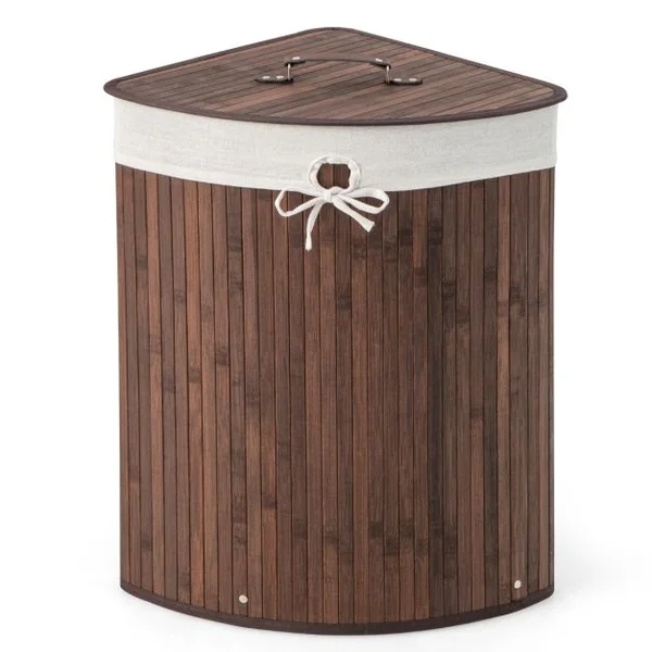 Panier à Linge 58L en Bambou avec Couvercle Bac à Linge d’Angle pour Buanderie Salle de Bain Café