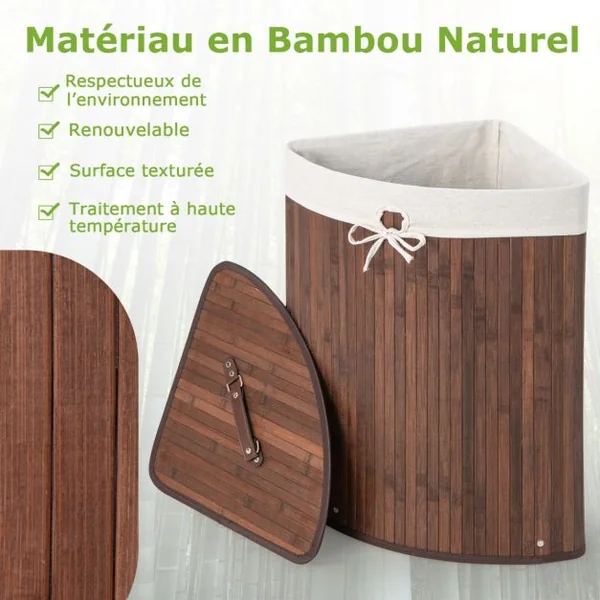 Panier à Linge 58L en Bambou avec Couvercle Bac à Linge d’Angle pour Buanderie Salle de Bain Café