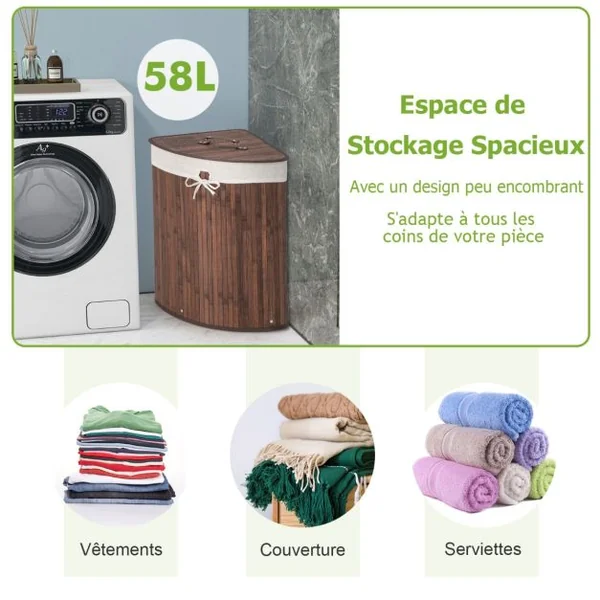 Panier à Linge 58L en Bambou avec Couvercle Bac à Linge d’Angle pour Buanderie Salle de Bain Café